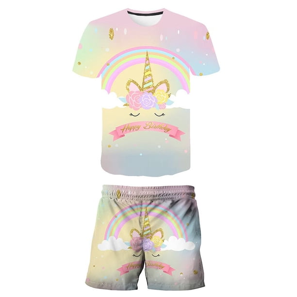Verano niñas unicornio ropa traje niños moda niños niñas dibujos animados camiseta pantalones cortos 2 uds conjunto Casual ropa niños chándales 12T Gao Jinjia LED