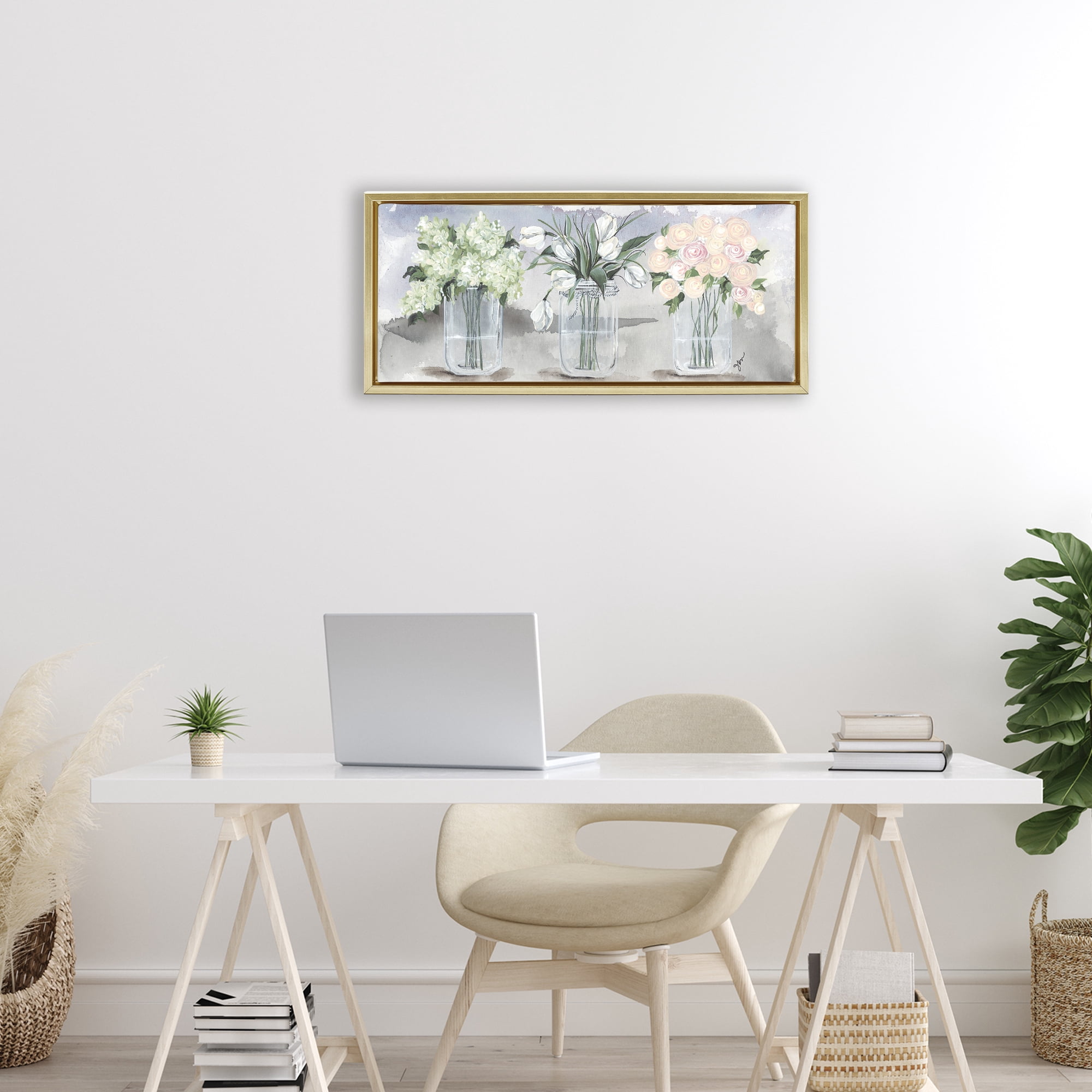 Stupell Industries Mason Jar Flower Watercolor Gold Framed Floater Canvas Wall Art, design by Julie Norkus