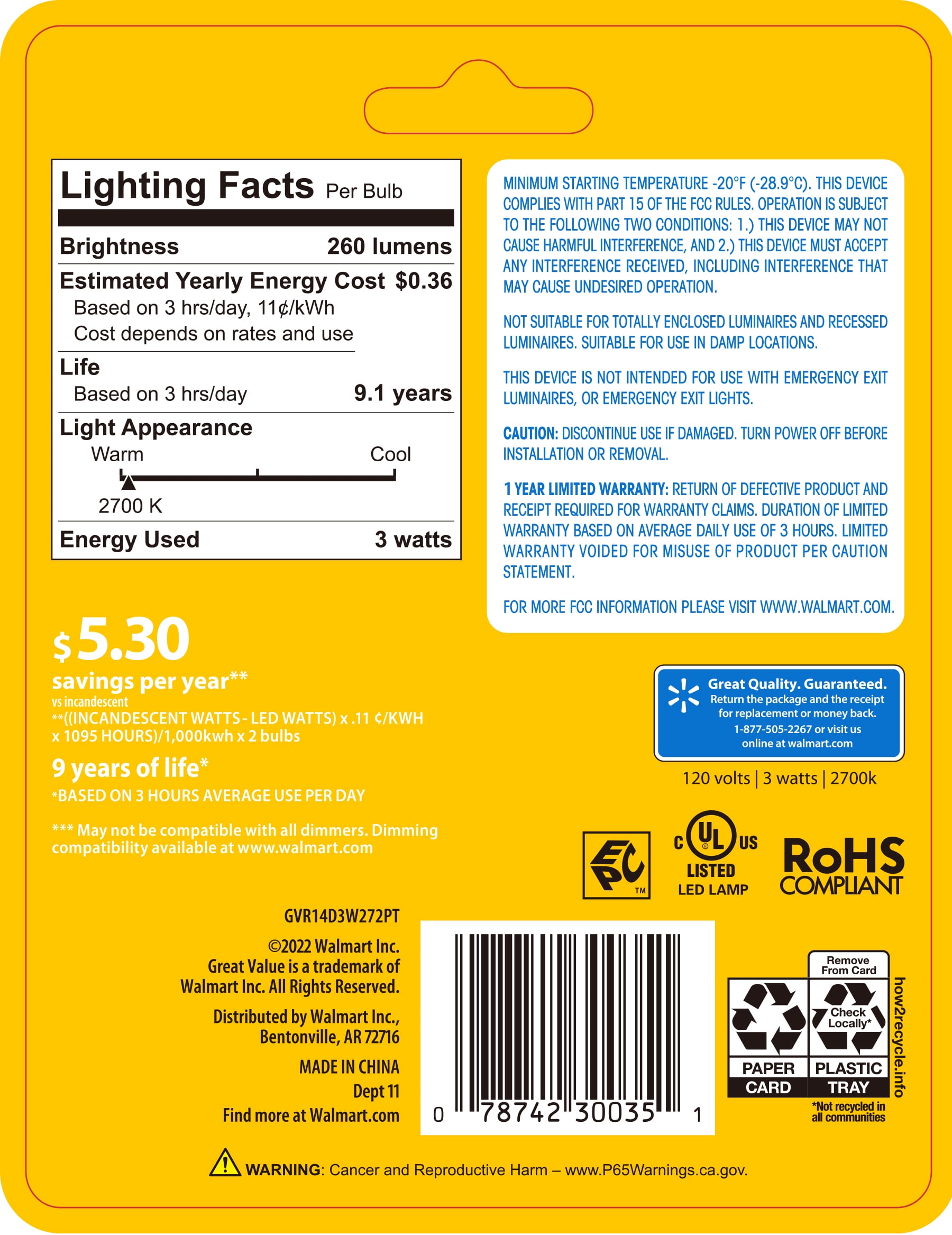 Great Value LED Indoor Flood Light Bulb, 3 Watts (25W Equiv.) R14 Shape E17 Base, Soft White, 2PK