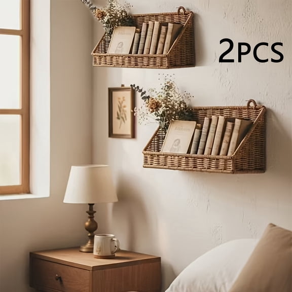 2 Pcs Rustic Wicker Wall Mounted Storage Basket with Hook, Farmhouse Style Hanging Shelf Organizer for Home Owner, Space Saving Bathroom Kitchen Bedroom Wall Decor Storage Solution with Adhesive Hook