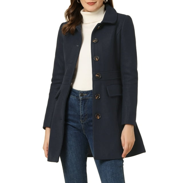 INSPIRE CHIC Manteau Mi-Long à Simple Boutonnage pour Femme à Col Peter Pan Bleu Foncé L