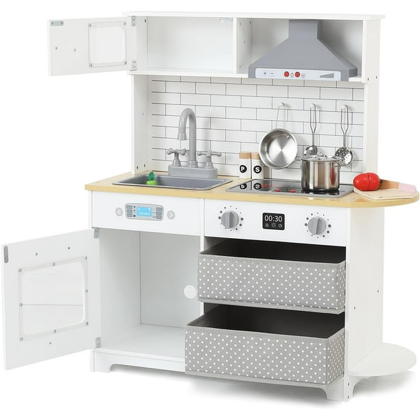 ChaoLink Cocina de juguete para niños, set de juego de cocina de madera para niños con luces y sonidos reales, para niños pequeños y niños