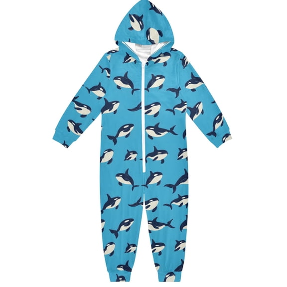 Orca Blue Pattern One Piece Pajamas Soft Jumpsuit Cozy Sleep and Play Romper Zipper and Pockets 4T