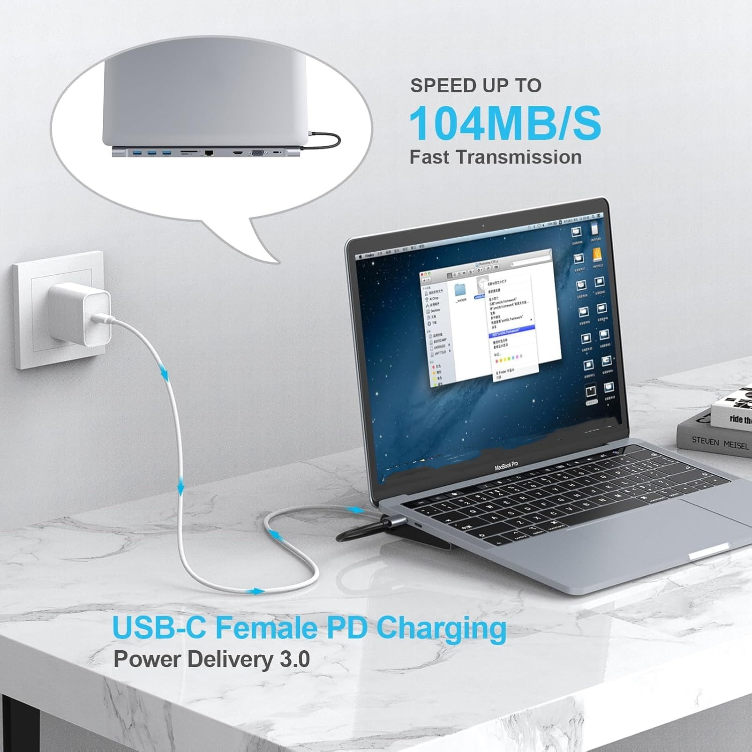 USB C Docking Station for Laptop, USB C Hub 10 in 1 USB C Adapter Docking Station with 4K HDMI & VGA, 3 x USB 3.0, Gigabit Ethernet RJ45 LAN, USB C PD, SD/TF Card Reader, 3.5mm Audio/Mic