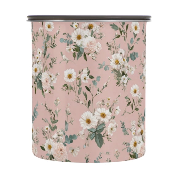 900ml Stainless Steel Food Storage Containers Small White and Pink Flowers Airtight Kitchen Canisters with Vacuum Lid for Coffee Tea Flour Sugar Grains
