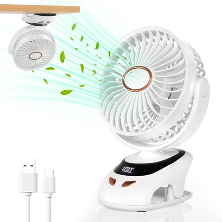 

5 Speeds Clip on Fan Rechargeable Mini USB Portable Desk Fan with Clip LED Display Powerful Silent Table Fan Flexible Rotation for Bed Home Stroller Sport Camping(White)
