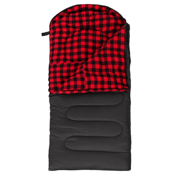 FJALLNOK 30F Rectangular Flannel Waterproof Sleeping Bags for Adults, Black/Red