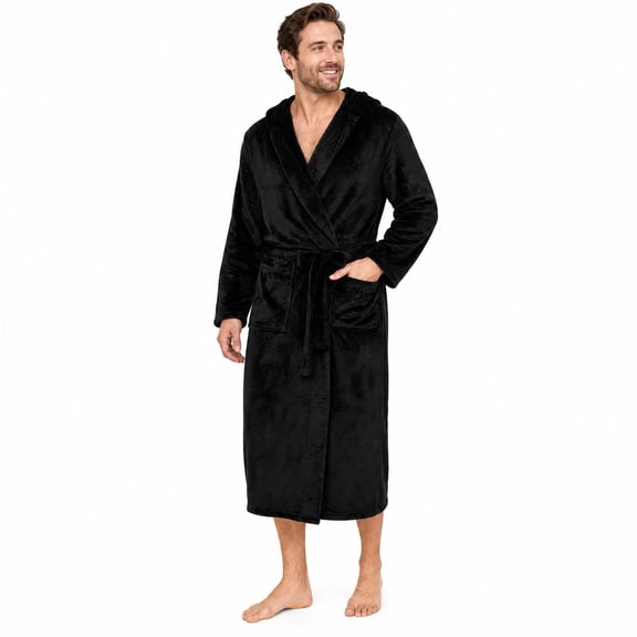 Vulcanodon Mens Hooded Fleece Robe,Plush Lightweight Soft Spa Bathrobe for Men (Black, L/XL)