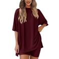 thumbnail image 1 of Conjunto de Dos Piezas para Mujer, Verano 2025, Informal, de Gran Tamaño, con Pantalones Cortos de Motociclista, Color Vino Tinto , XXL, 1 of 8