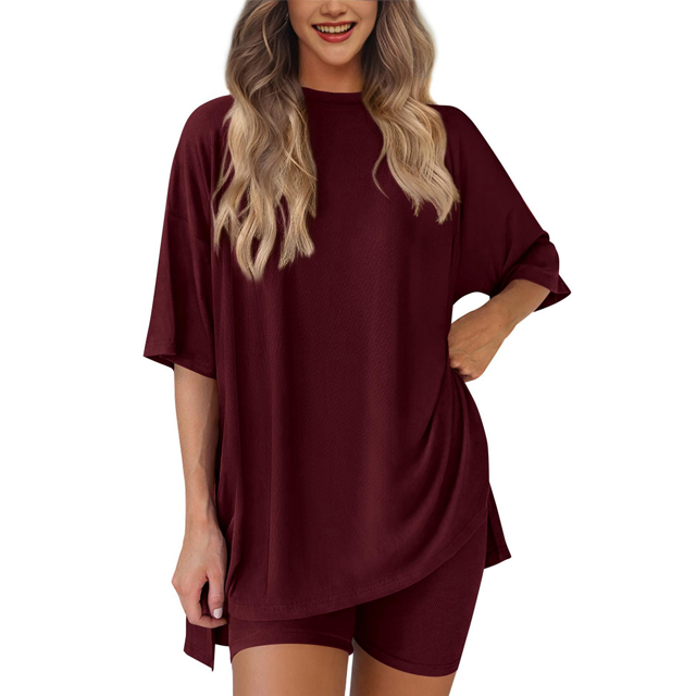 Conjunto de Dos Piezas para Mujer, Verano 2025, Informal, de Gran Tamaño, con Pantalones Cortos de Motociclista, Color Vino Tinto , XXL