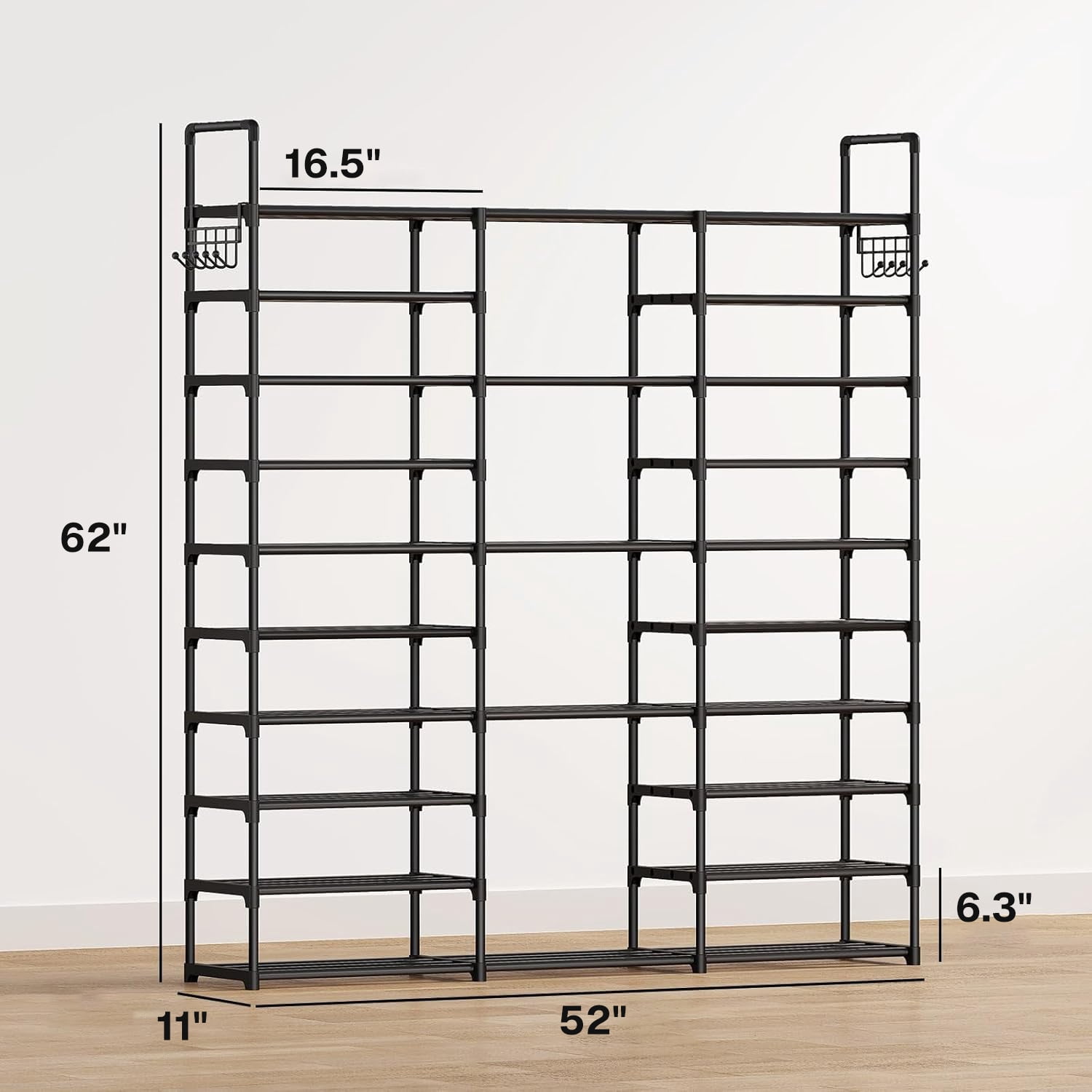 Behome 9-Tier Metal Shoe Rack, Tall Large Shoe Rack Storage Organizer with Hooks, Shoe Shelf for Entryway, Closet, Bedroom, Living Room, Black
