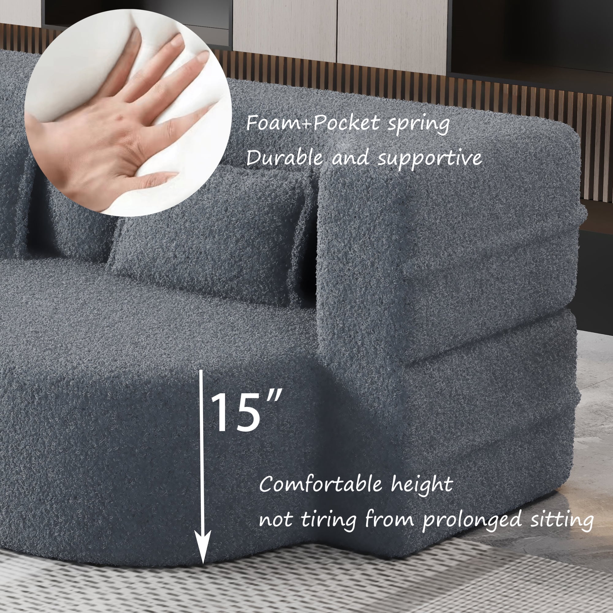 Convertible Futon Sofa Bed,Modern Floor Sofa with 2 Pillows,Teddy Fabric Foam-Filled Sleeper Sofa Bed,15" Full Size Folding Mattress for Living Room,Guest Bed,Playroom,Gray