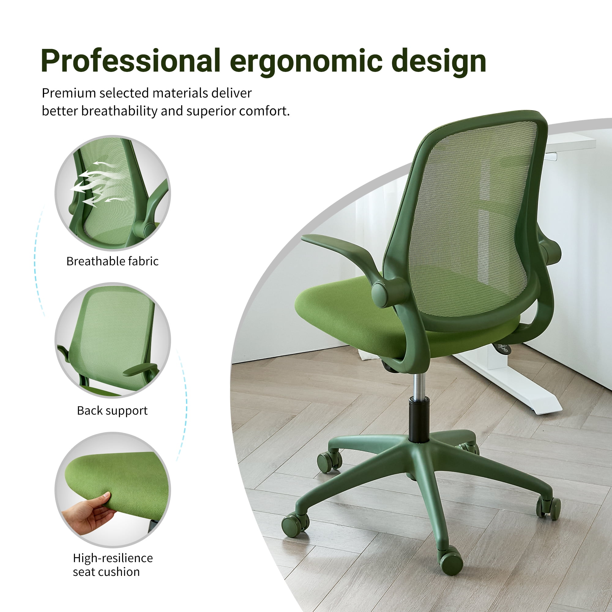 HOQBN Ergonomic Office Chair with Flip-Up Armrests, Breathable Mesh Back, Integrated Molded Foam Seat, 350lb Capacity,Green