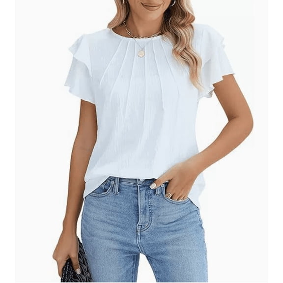 Women Dressy Casual Tops Business Work Blouses Summer Shirts Short Sleeve Crew Neck Outfits