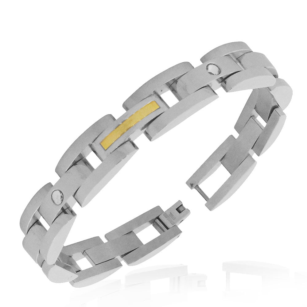 Stainless Steel GoldTone SilverTone White CZ Mens Link Bracelet