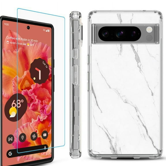OneToughShield ® Compatible with Google Pixel 8 Pro, Shockproof Phone Case, with Tempered Glass Screen Protector - Marble / White