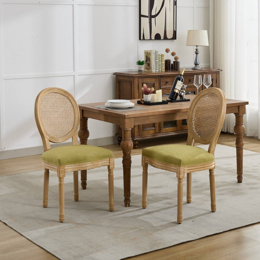 French Style Dining Chairs Set of 2, Solid Wood Upholstered Kitchen Chairs with Rattan Backrest, Linen Fabric, Antique Finish, Olive Green