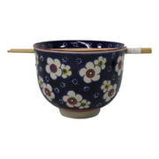 Blue Ume Plum Blossoms Ceramic Donburi Ramen Soup Red Bowl With Chopsticks Set