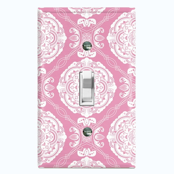 Metal Light Switch Plate Cover Mandala Pink White Floral Pattern Damask MDL076