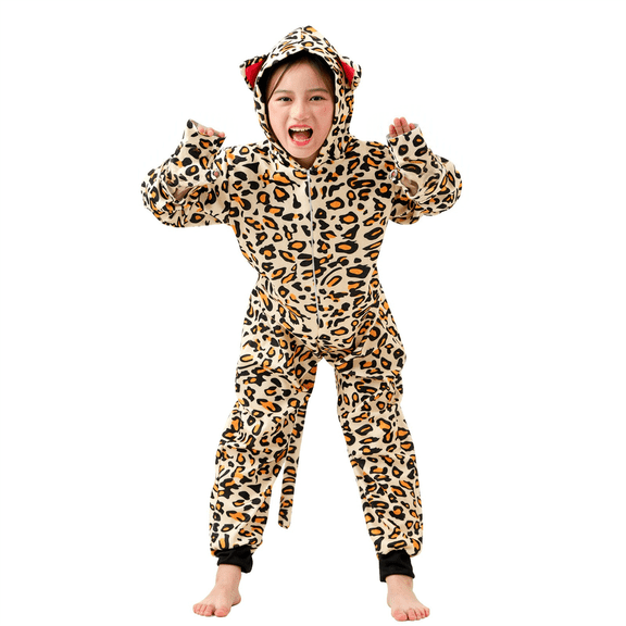 XXWXYD Toddler Kids Boys Girls Leopard Jumpsuit Full-Zip Animal Coverall with 3D Ears Claw Cuffs and Tail for Halloween Stage Party Dress Up Play for Boys and Girls
