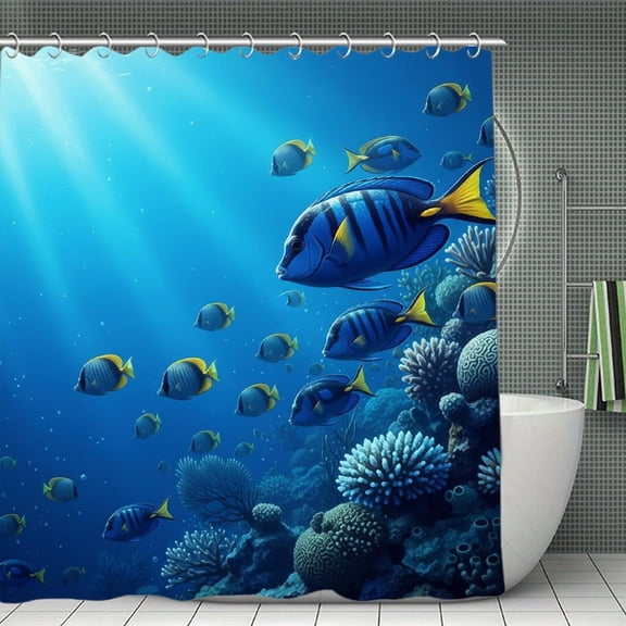 Blue Fishes Ocean Print Shower Curtain,Modern Fabric Waterproof Shower Curtain Set with Hooks 70.8×70.8Inch (180×180cm)