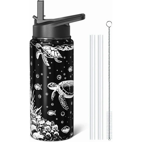 18oz Sea Turtle Water Bottles with Flip Straw & Spout Lid, Double Wall Stainless Steel Travel Sport Bottle, Black Gym Gifts for Women Men (1PC)