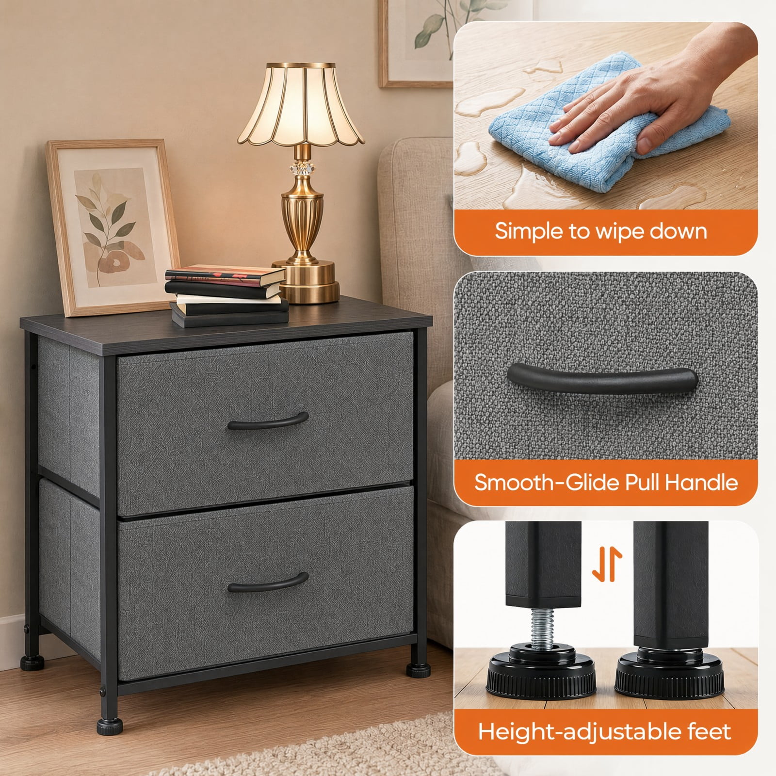 Telyra Fabric Nightstand with 2 Drawers 20" Bedside Table with Wood Top and Steel Frame Small Storage Organizer, Gray