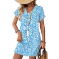 thumbnail image 2 of LWavelet Women's V-Neck Roll-Up Cuff Tunic Dress Abstract Floral Print with Pockets for Casual Daily Beach Use Blue S, 2 of 6