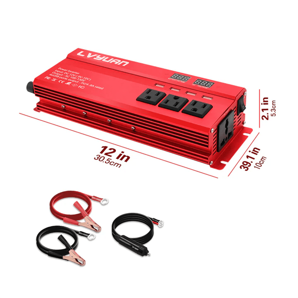 LVYUAN 1300W/2600W Peak Power Inverter DC 12V to AC 110V, 4 AC Outlets & 4 USB Ports (3.1A), Modified Sine Wave Car Inverter with LED Display for RV, Truck, Camping, Home, Emergency Power