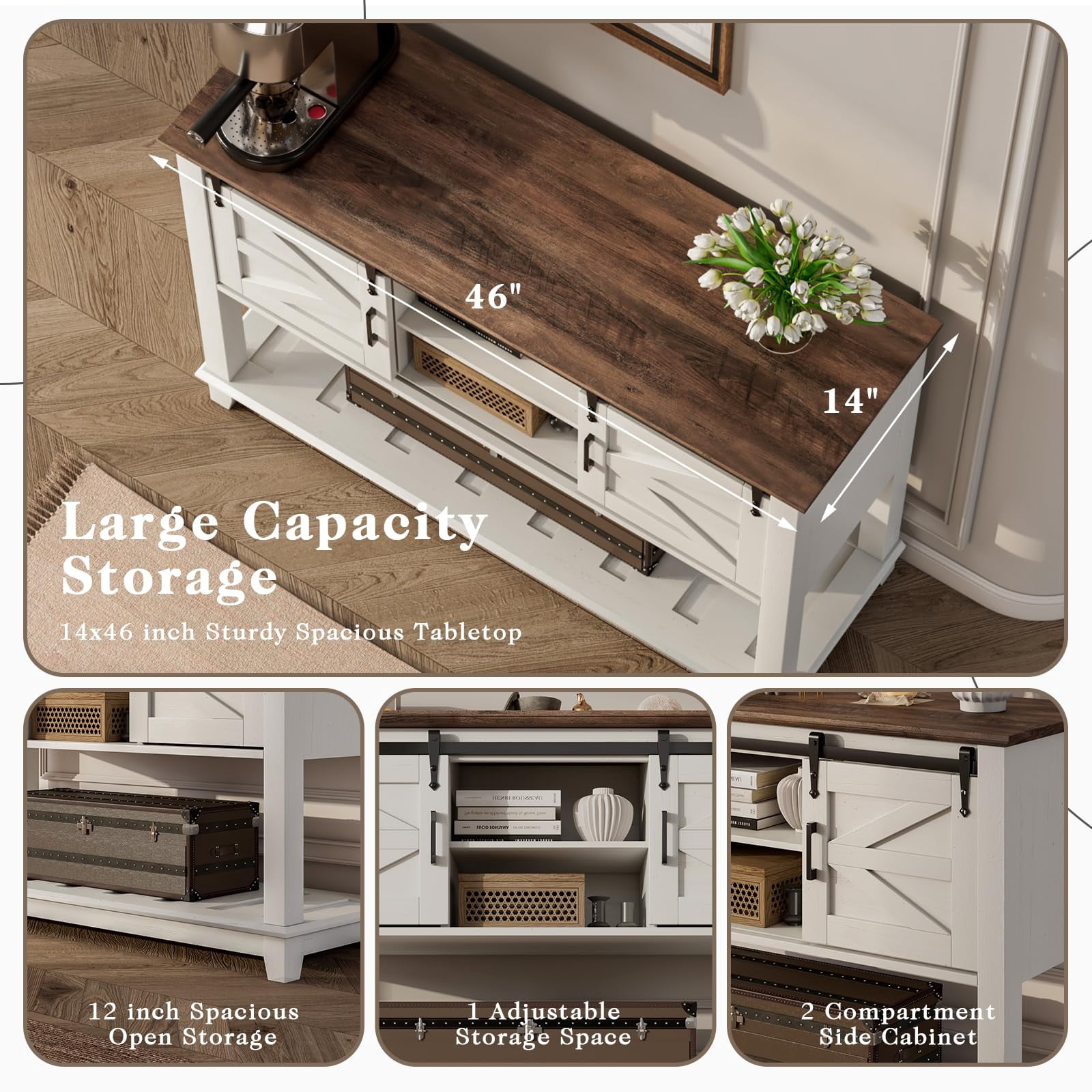 VANACC Farmhouse Entryway Table with Sliding Barn Doors, 46" Sofa Table, Antique White