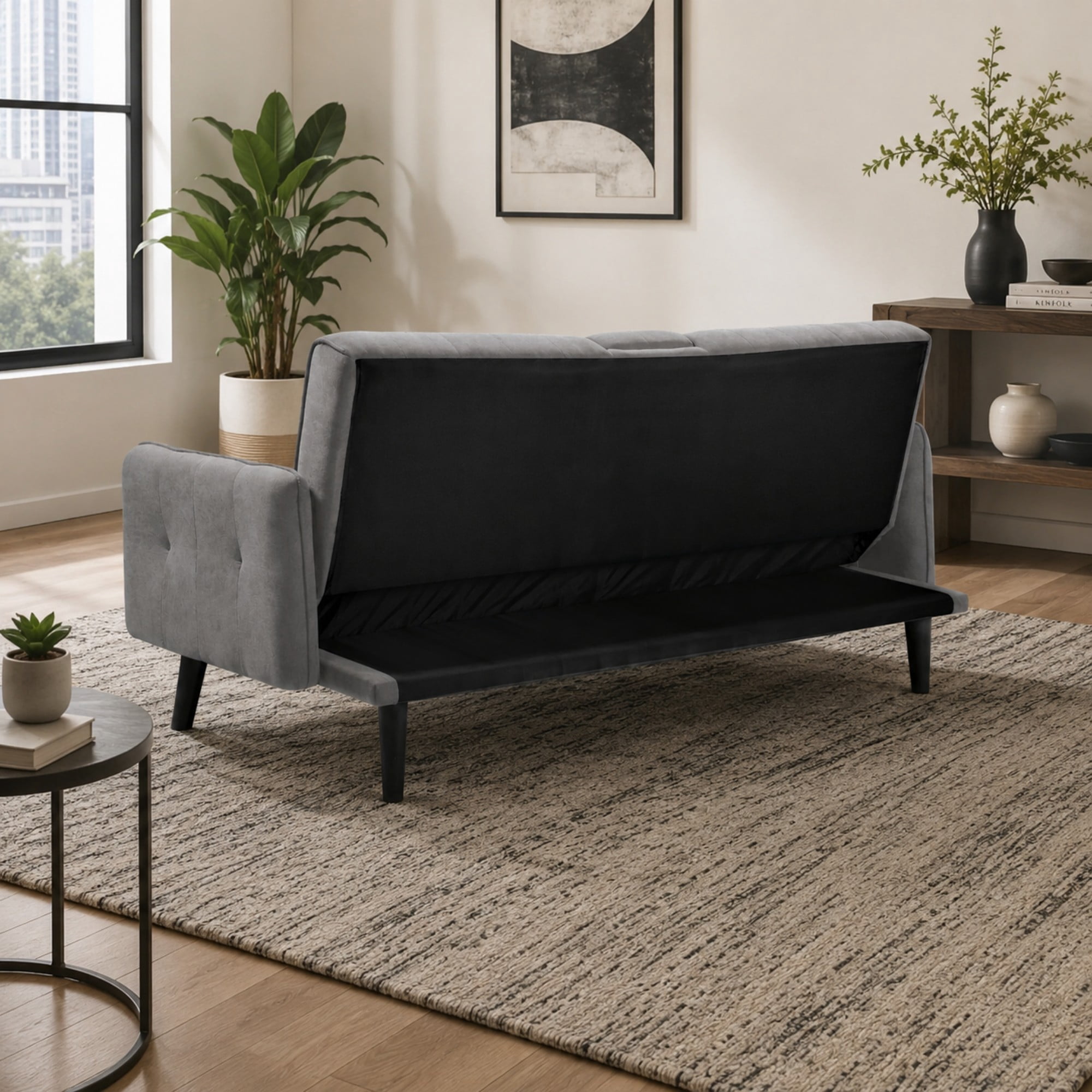 BSHTI 72" Linen Sleeper Sofa Bed with Folding Backrest,Adjustable Back, Drop-Down Table with Cup Holder for Living Room（Light Gray）