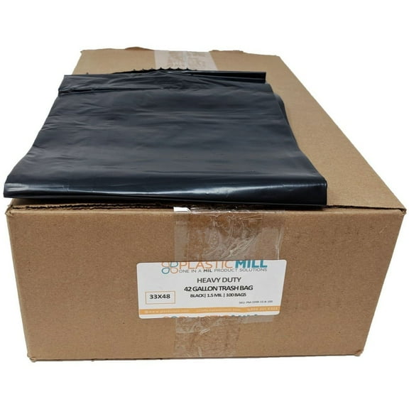 PlasticMill 42 Gallon, Black, 1.5 MIL, 33x48, 100 Bags/Case, Garbage Bags / Trash Can Liners.