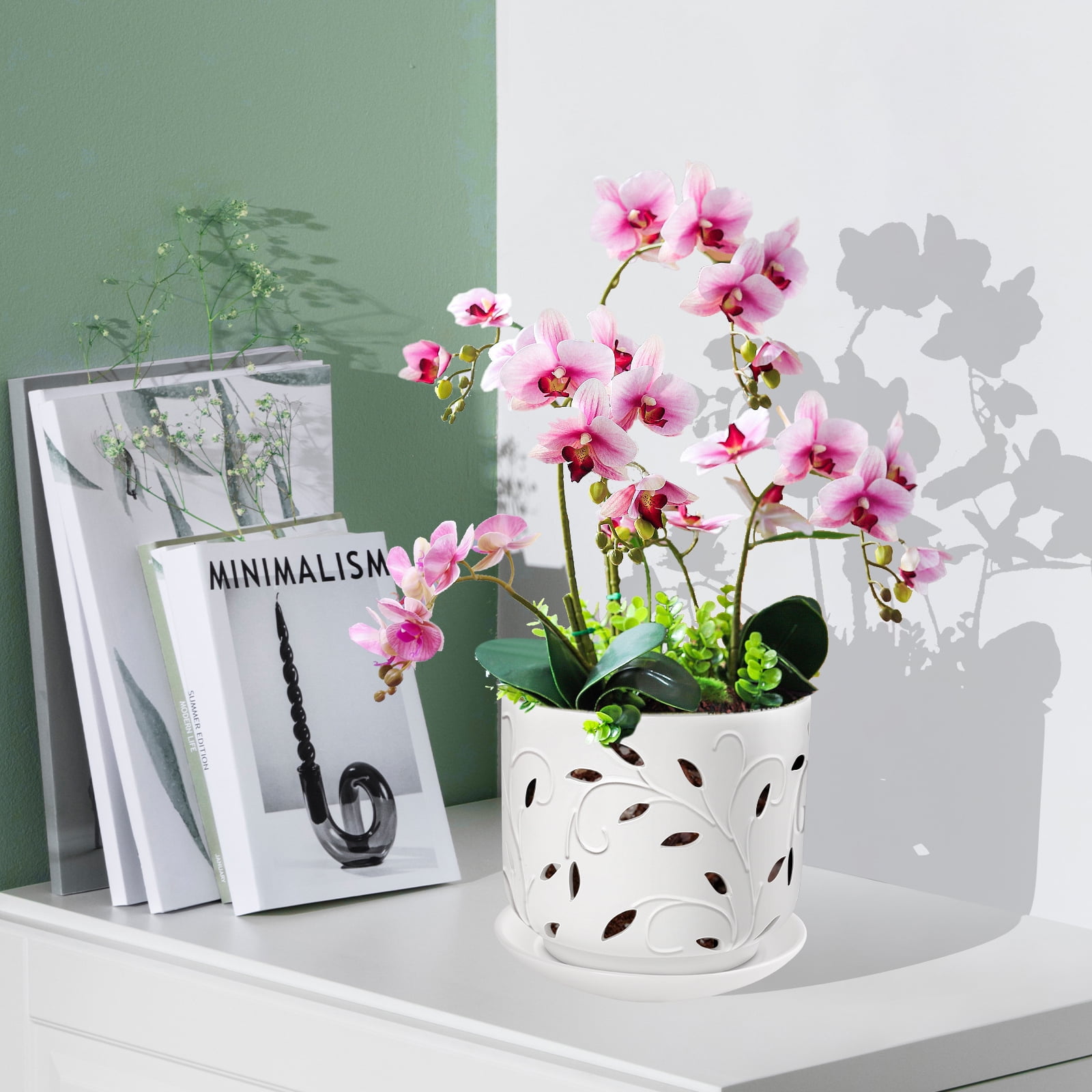 BUYMAX orchid pot, 7 inch ceramic planter with drainage holes and tray, white indoor/outdoor flower pot for orchid care and root health