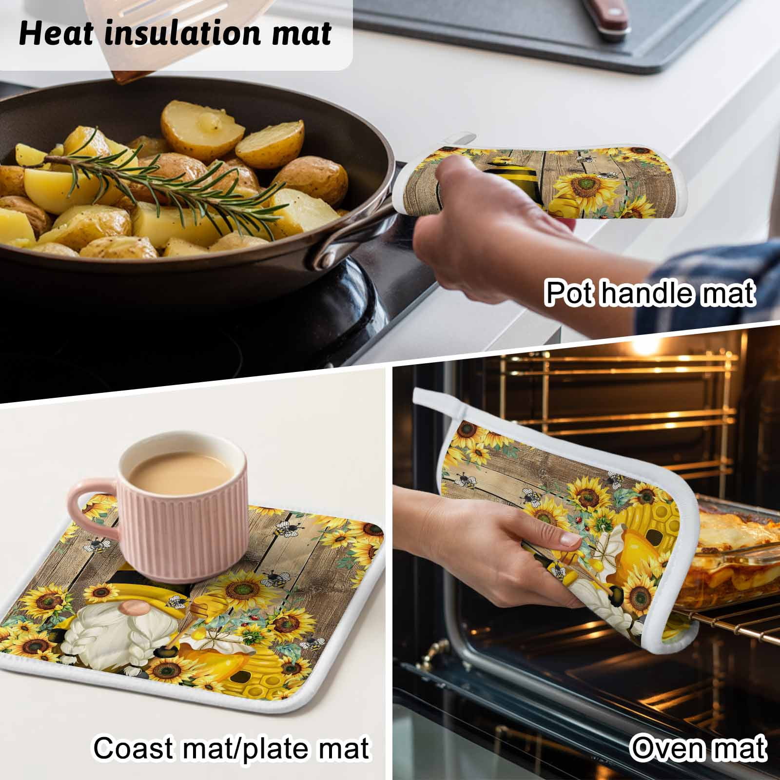 Yellow Sunflower Pot Holders for Kitchen Heatproof Potholder, 3 Pack Farmhouse Wood Grain Bees Gnomes Hot Pads Multipurpose Oven Pads Cloth Potholders Trivet for Cooking Baking