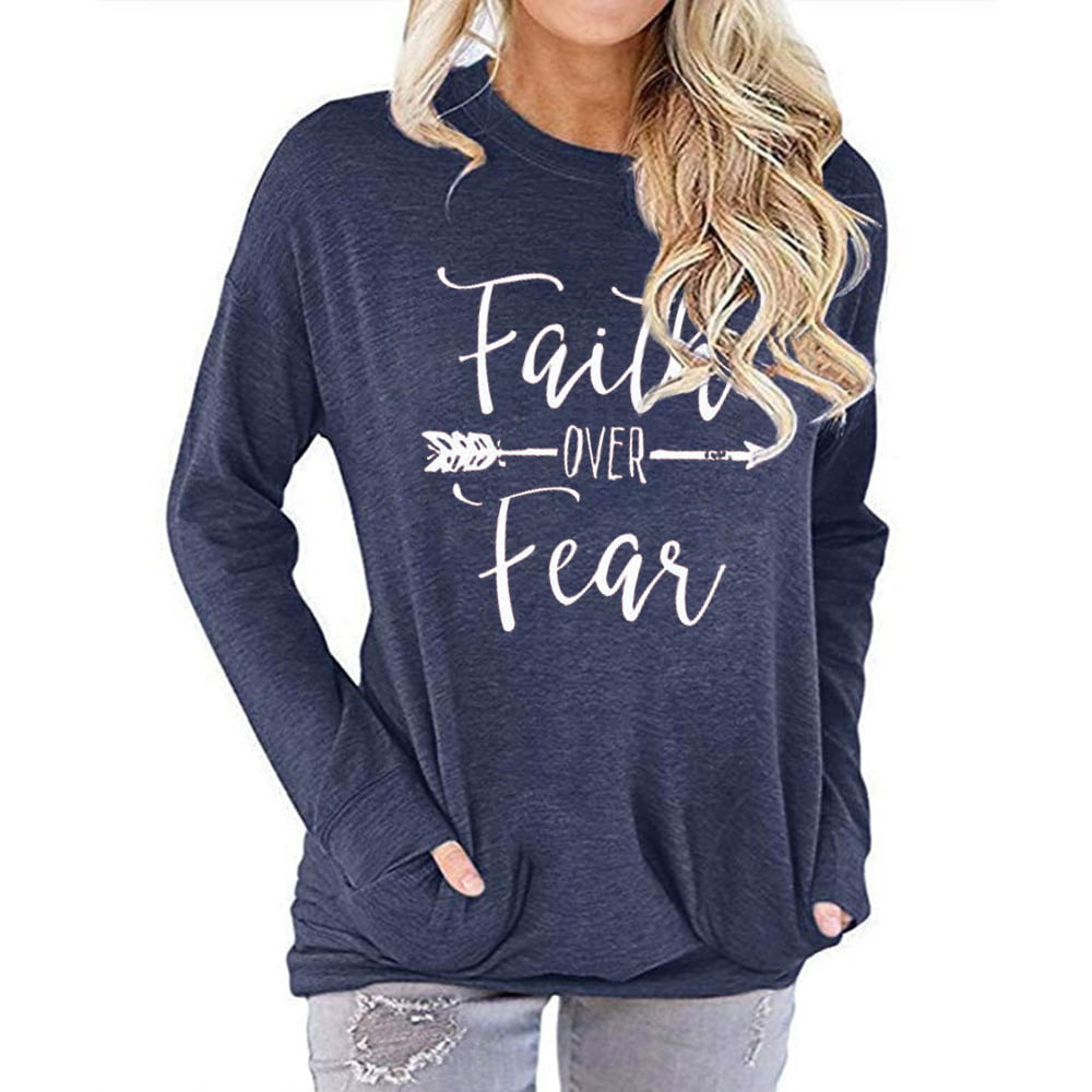 ZJP Women Faith Over Fear Letter Print Drawstring Hoodie Sweatshirt with Pocket