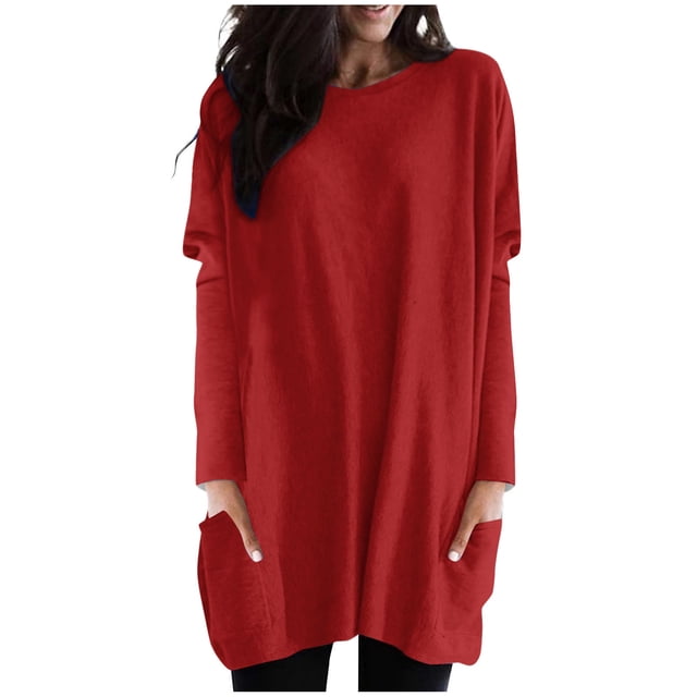 AherBiu Women Tops Trendy Long Sleeve Flowy Shirts Fall Loose Fitted Crewneck Pullover with Pockets