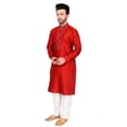 thumbnail image 4 of Celebration Season Mens Kurta Long Sleeve Silk Tunic Top with Pyjama Pants Set Maroon, 4 of 7