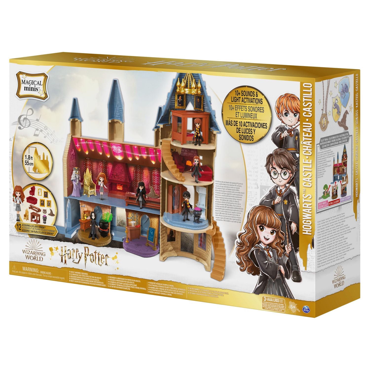 Wizarding World, Magical Minis, Château de Hogwarts avec 12 accessoires, effets lumineux et sonores et poupée Hermione exclusive, jouets pour les enfants à partir de 5 ans