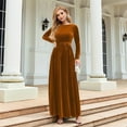 thumbnail image 4 of Women'S Elegant Velvet Belted Pleated Long Sleeve Cocktail Party Formal Wedding Guest A-Line Maxi Long Dress Brown M, 4 of 9