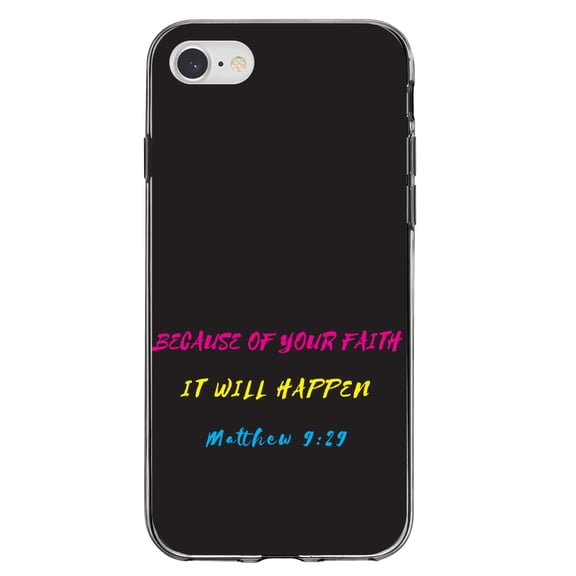 DistinctInk Clear Shockproof Hybrid Case for iPhone 7 8 SE (2020 Model) 4.7" Screen TPU Bumper Acrylic Back Tempered Glass Screen Protector - Matthew 9:29 - Because of Your Faith, It Will Happen