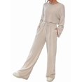 thumbnail image 3 of Women'S 2-Piece Set Cute Knitted Long-Sleeved Cropped Top T-Shirt and Wide-Leg Pants Casual Autumn Outfit Apricot XS, 3 of 8