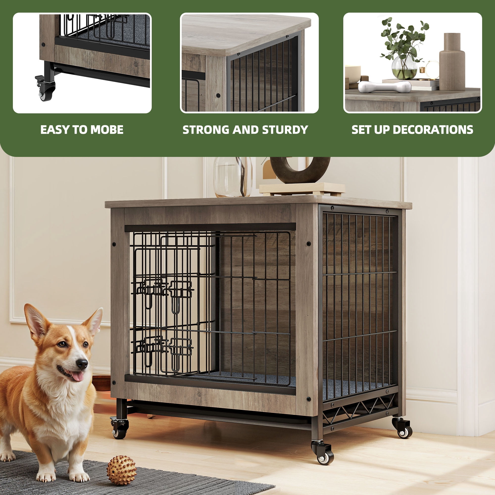 Uforic 27" Dog Crate Furniture with Cushion & Tray, Wooden Indoor Dog Kennel End Table for Small Dogs, Gray