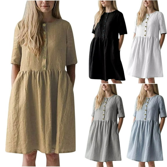 USSUMA Casual Dresses for Women Summer Dresses Short Sleeve Printed Button Retro Pullover Maxi Dress Leisure Skirt Lightweight Dresses Street today Discount Black Dress Size-L