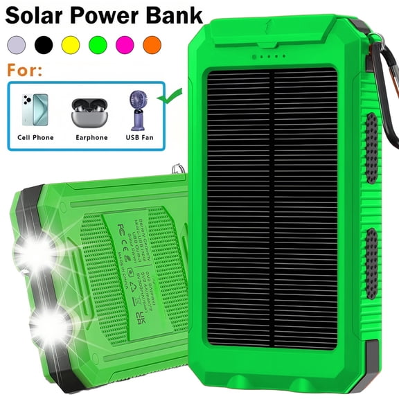 Solar Power Bank 12800mAh, Waterproof Portable Charger with Dual USB Ports, LED Flashlight & Compass for Outdoor Camping