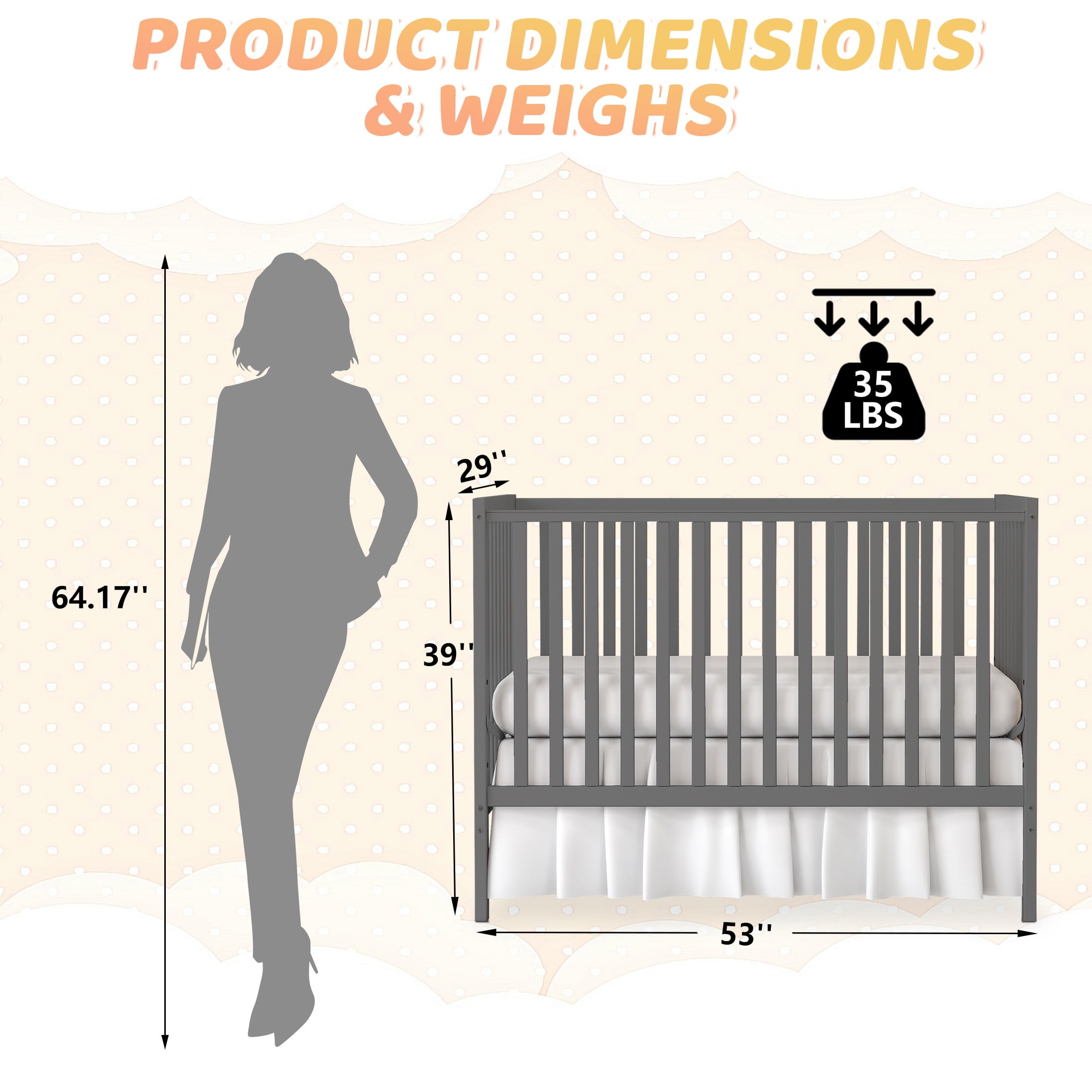SESSLIFE 5-In-1 Convertible Crib, Gray Baby Bed, Converts from Baby Crib to Toddler Bed, Fits Standard Full-Size Crib Mattress(Not Included)