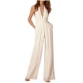 thumbnail image 1 of Mono sexy de color liso con cuello halter y bolsillos para mujer - Poliéster, manga corta, informal para fiesta - S-XXL, 1 of 4