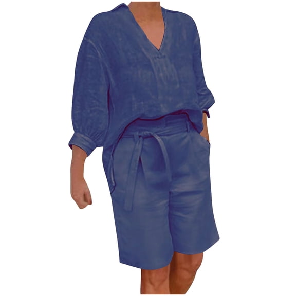 2 Piece Womens Sets Two Piece Sets for Women Summer Dressy Fashion Women Solid Color Loose Tight Waist V Neck Elbow Length Sleeves Straight Cylinder Shorts Binding Strap Pants Sets