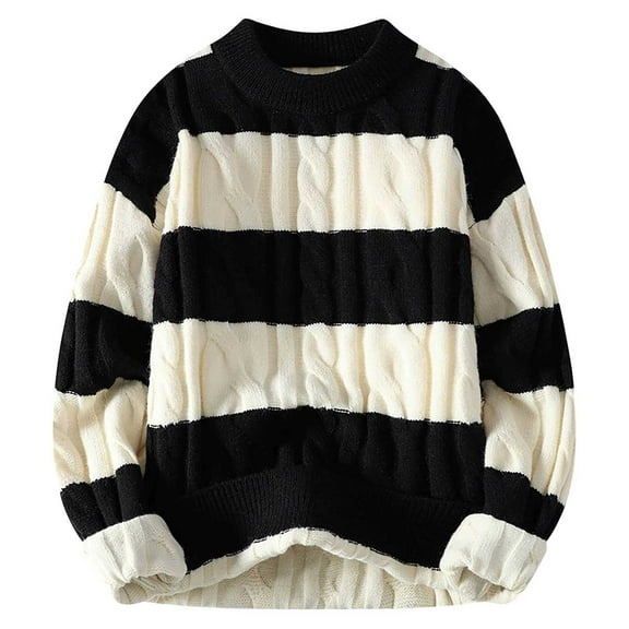 Men's Warm Knit Sweater Coat Autumn Winter Crewneck Loose Thickened Striped Casual Pullover Soft Comfortable Stylish Outwear