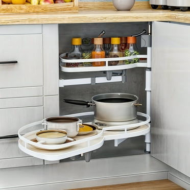 Dextrus Swing Left Blind Corner Kitchen Cabinet Pull Out Organizer: 2 Tier Swing Tray for 36" Blind Corner Cabinet, Soft Close Design for Right-Handed Openings, White