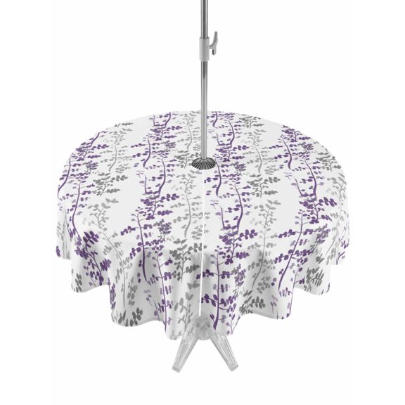 Outdoor Tablecloth with Umbrella Hole for Patio/Picnic/Party/Camping, Purple Grey Botanical Waterproof Table Cloth Round Cover Washable, Spring Floral Summer Farmhouse (Dia 60")